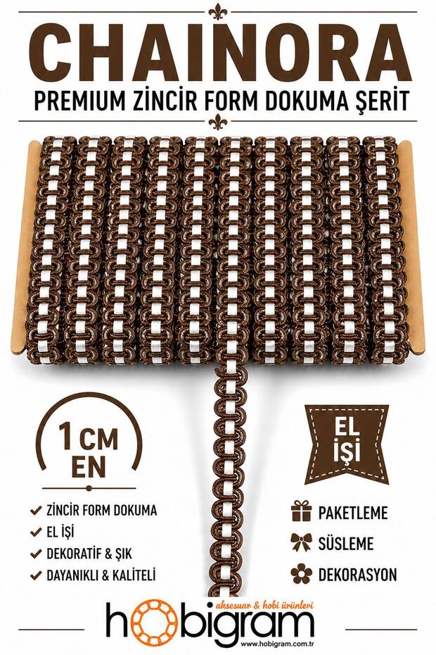 Brown White Chainora Premium Chain Form Woven Decorative Ribbon – 5 Meters