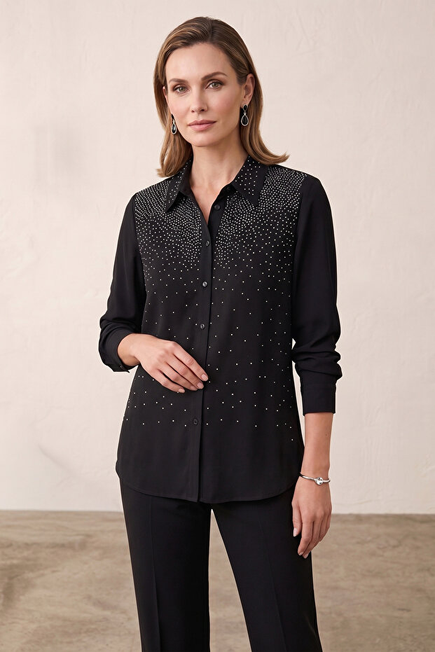 Women's plus size shirt collar placket stone long sleeve mother viscose shirt blouse