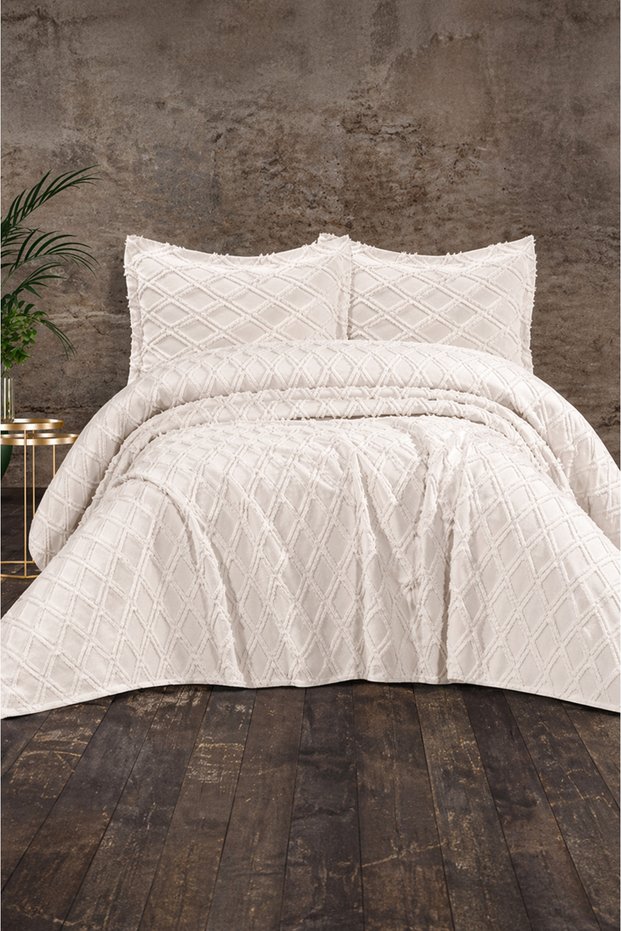 Beren Modern Chenille Jacquard Dowry Set Double King Size Pique Coverlet Set / Bedspread Set 3 Pieces