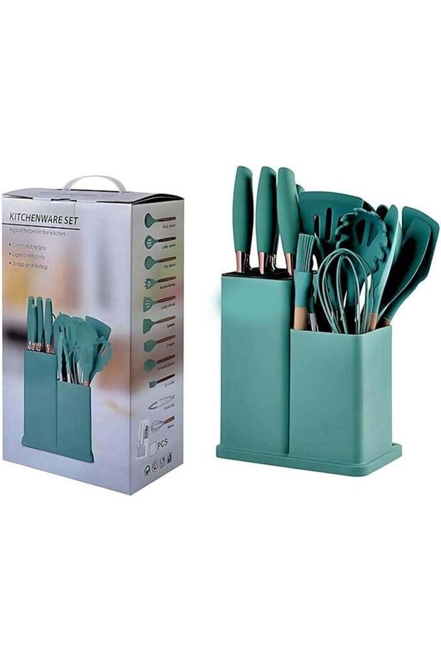 19 Piece Silicone Cooking Utensil and Knife Set with Block Teal Kitchen Tools Set with Scissors