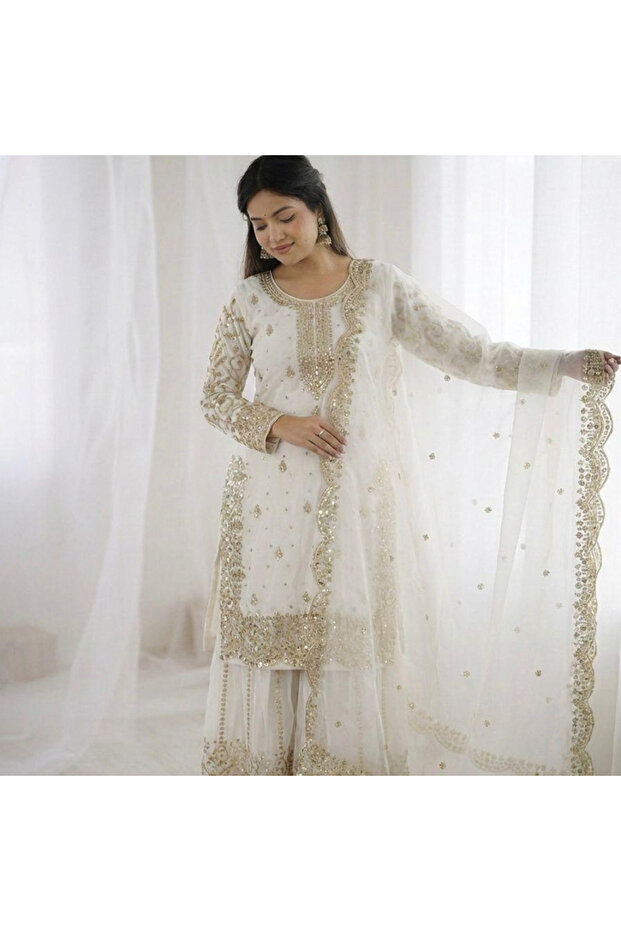 White Fendy Silk Embroidered Palazzo Set with Dupatta - HRT7819 | White