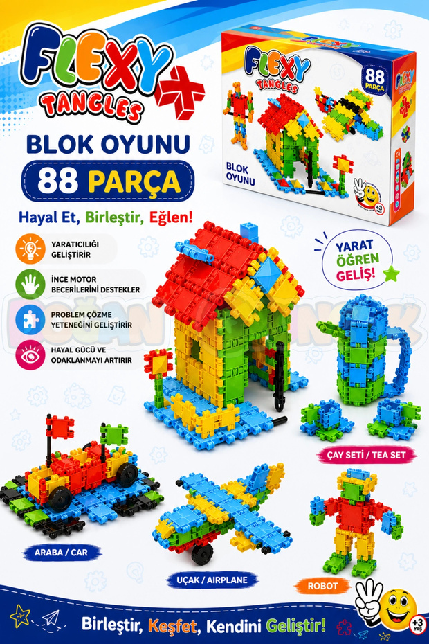 Flexy Tangles Block Game 88 Pieces - Toy Lego Set - Interlocking Stem Lego Set - Educational Toy