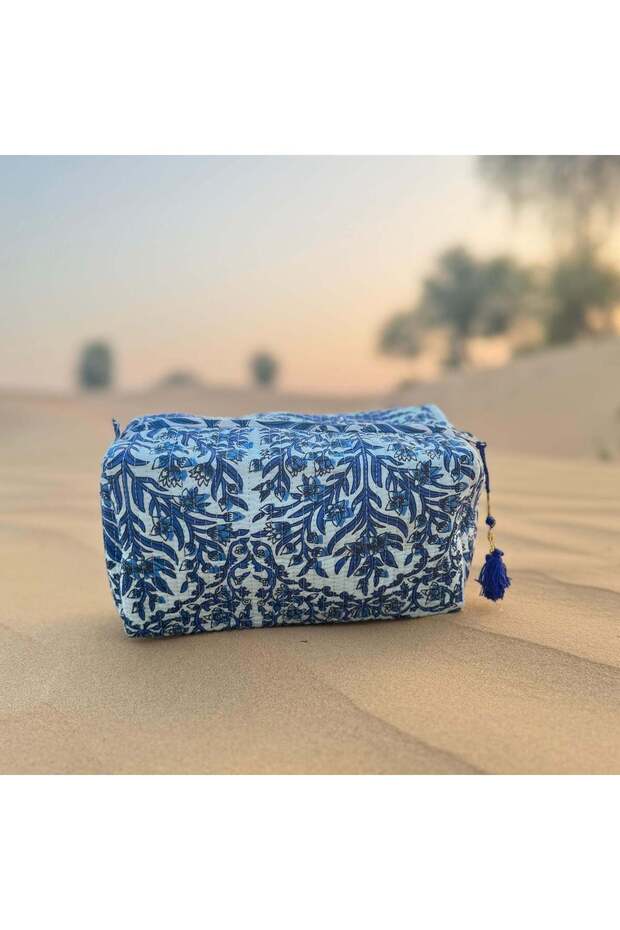 Saj Handmade Block Printed Cotton Pouch – Large 25x12x12 cm Travel Makeup & Toiletry Bag, Waterproof Lined, Sustainable Handcrafted Blue & White Organizer