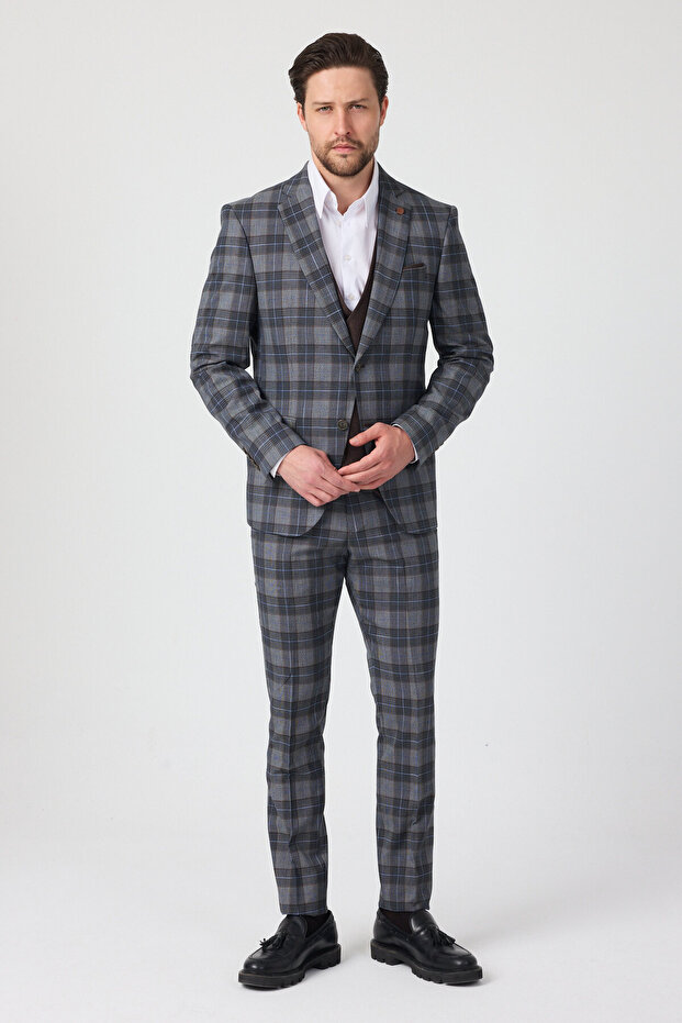 Tarcisi Men's Brown-Blue Plaid Mono Collar Polyviscon Fabric Jacket+Pants+Vest Slim Fit Suit