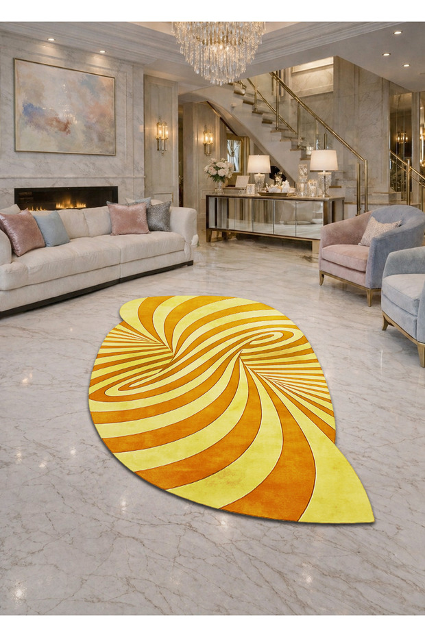 Sdt Yellow Swirl Patterned Modern Woven Base Decorative Carpet Sdt938