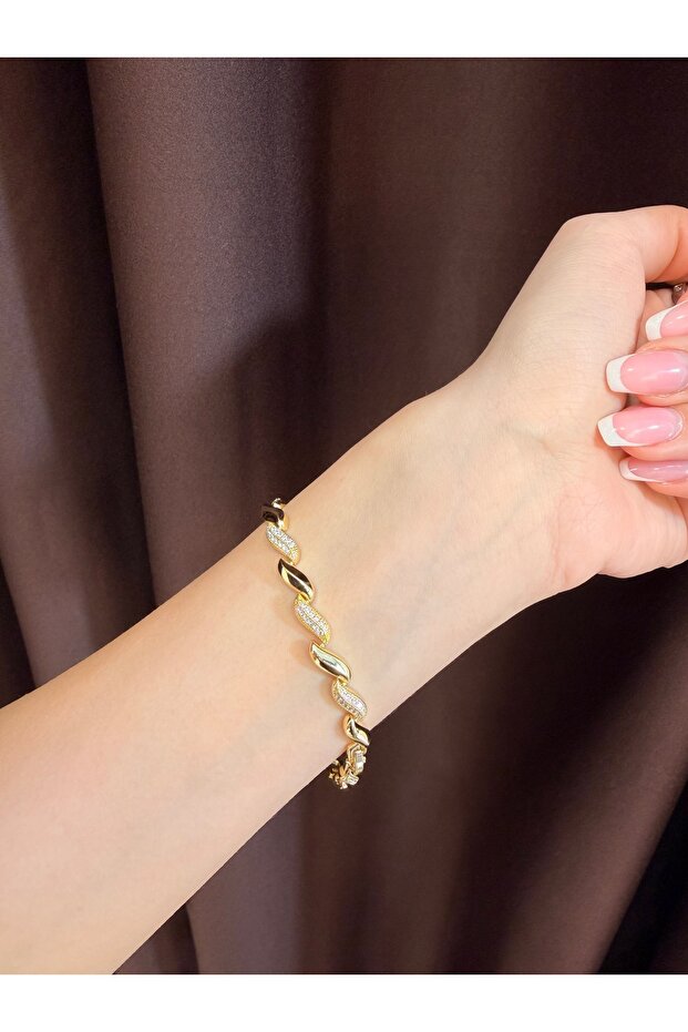Women's Gold Color Row Drop Model Zircon Stone Bracelet