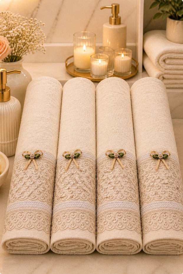 Premium Collection French Guipure Lace 4-Piece Cotton Towel Set 50X90
