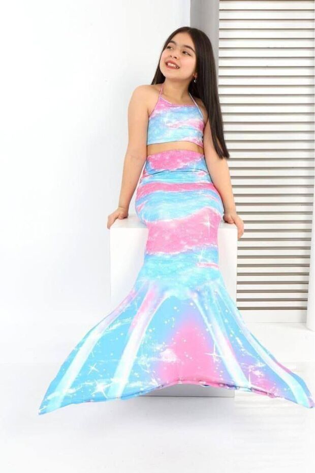 Girls' Mermaid Costume 3-Piece - Patterned Bikini Top, Bottom & Tail - Lined, Pool & Sea Set