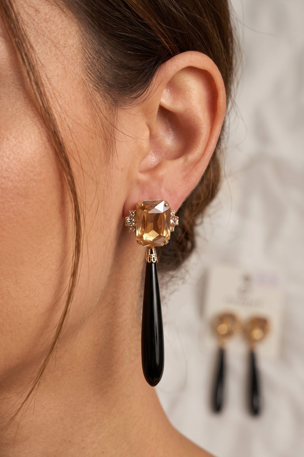 Black Long Drop Crystal Stylish Earrings 7.5 Cm.
