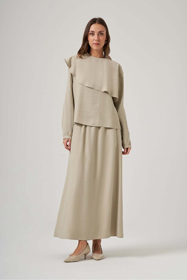 1088 Asymmetrical Flywheel Detailed Silky Textured Set - Sand Beige
