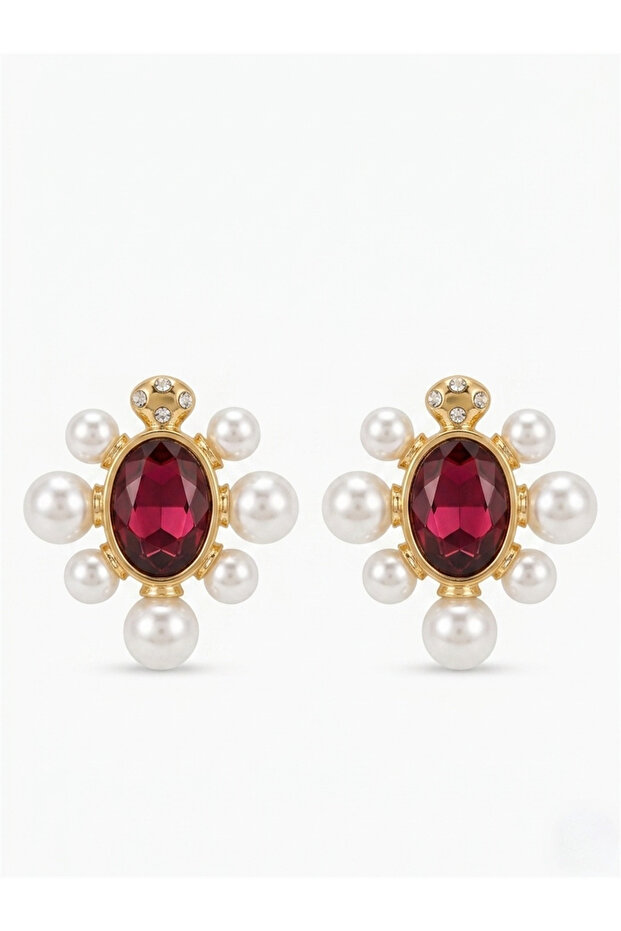 Burgundy Stone Pearl Detailed Earrings
