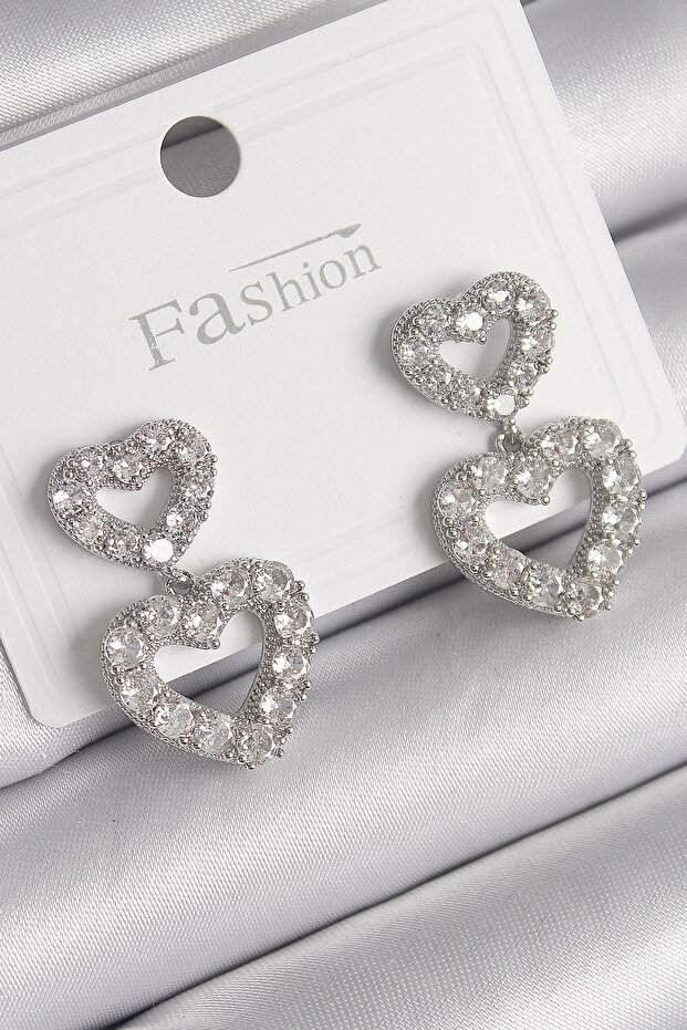 Brass Silver Color Zircon Stone Dangle Heart Model Women's Earrings