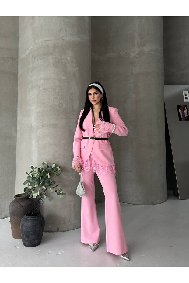 Kadın Dantel Detaylı Blazer Ceket İspanyol Paça Takım Pembe - 3