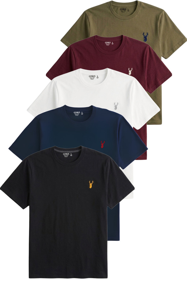 Men's 5-Pack T-Shirt 100% Cotton Single Jersey Comfortable Fit Basic T-Shirt Crew Neck Embroidered T-Shirt