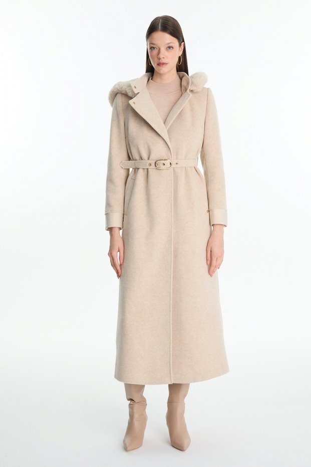 Hooded Fur Detailed Belted Coat Beige 13841
