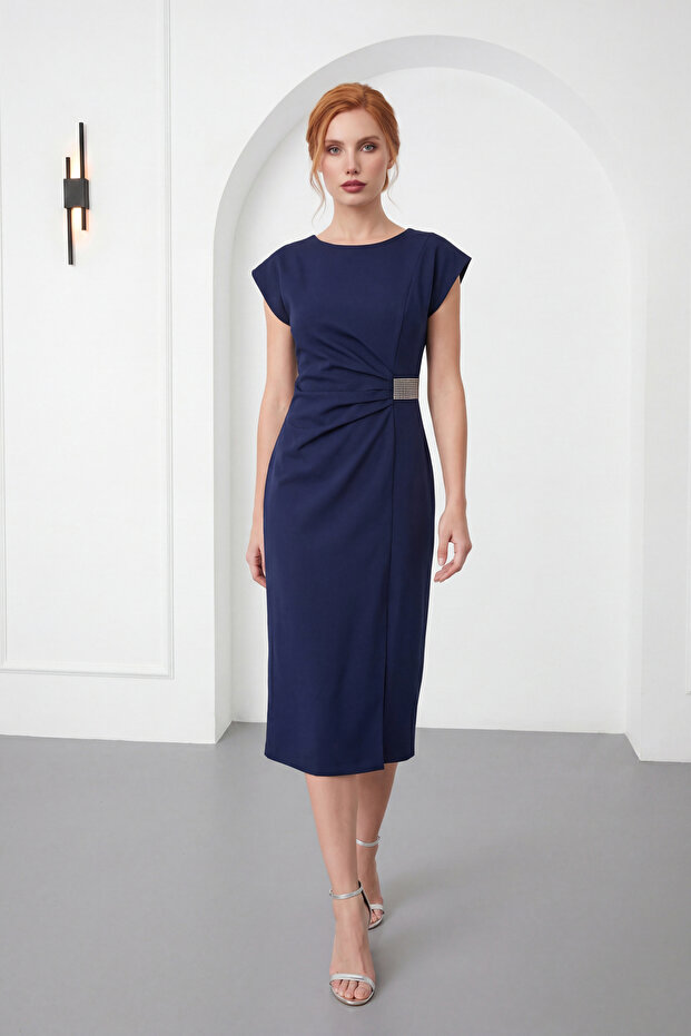 Women's Navy Blue Crew Neck Slit Midi Event Dress