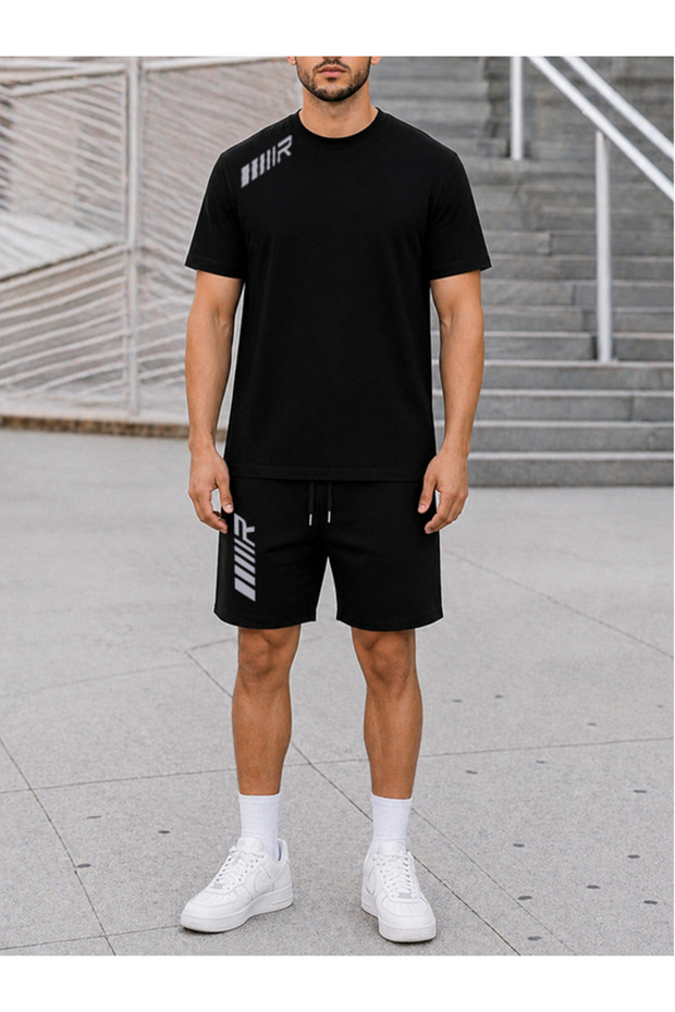 Men's Gym Rline Stripe Design Printed Double Bottom Top Summer Black White Shorts Set