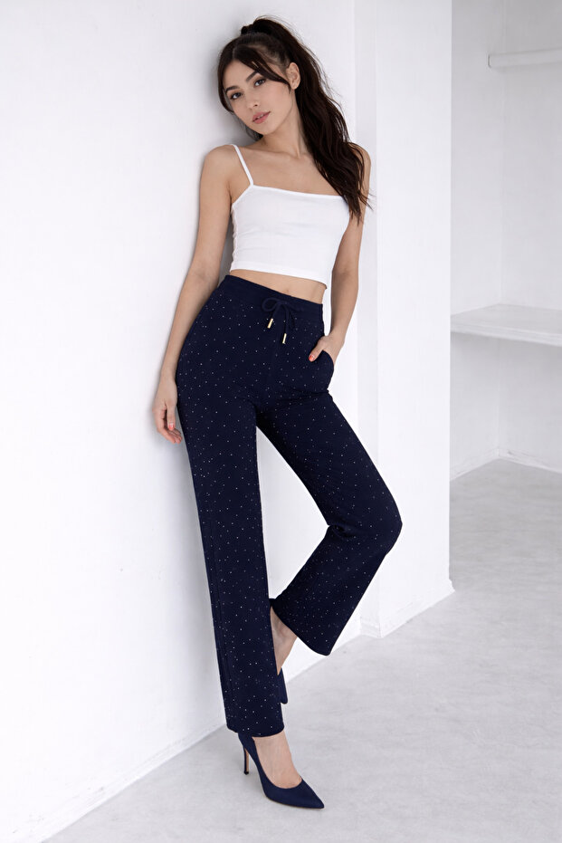 Stone Detailed Comfortable Cut Modal Trousers / High Waist Elasticized Wide Legs