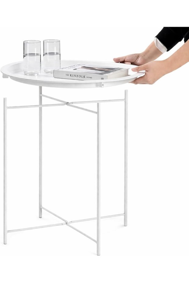 Tray Table with Detachable Tray Top,Round Metal Coffee Table Waterproof Removable Tray Side Table,for Living Room Bedroom Balcony Office (50x45 cm)