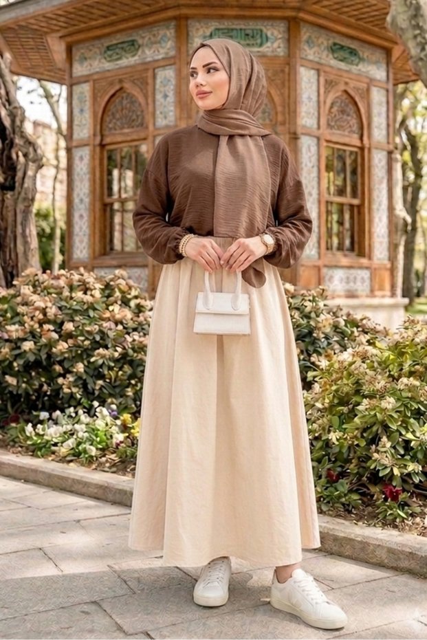 Poplin Skirt with Pockets and Elastic Waist 1727 - Beige