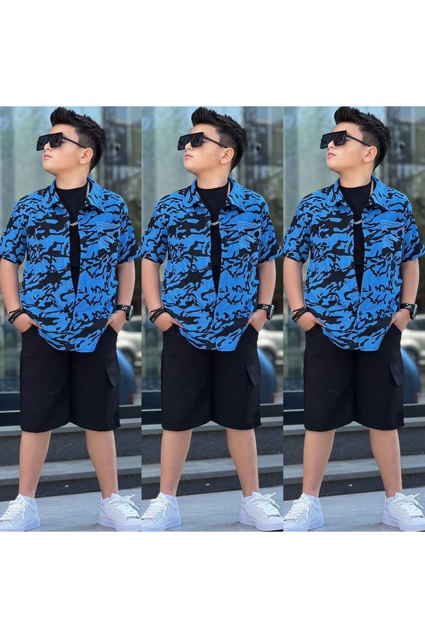 Boy's Camouflage Patterned Seersucker Shirt - Cargo Shorts - 3-Piece Set - Holiday Wear