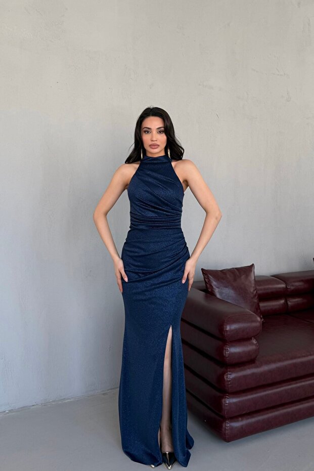 Navy Blue Draped Halter Neck Glittered Evening Dress