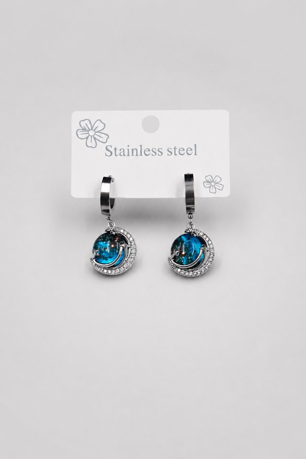 Women's Silver Color Blue Stone Sky Earrings Dangle Steel Hoop Earrings