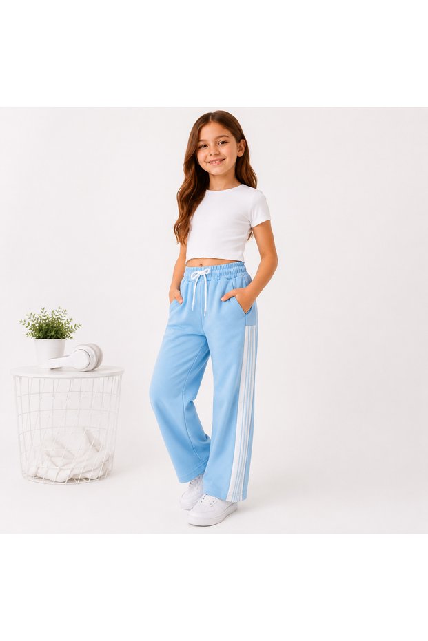 Mişil 24207-26 Girls' Striped Detailed Wide-Leg Sweatpants Comfortable Fit Elastic Waist Daily Wear
