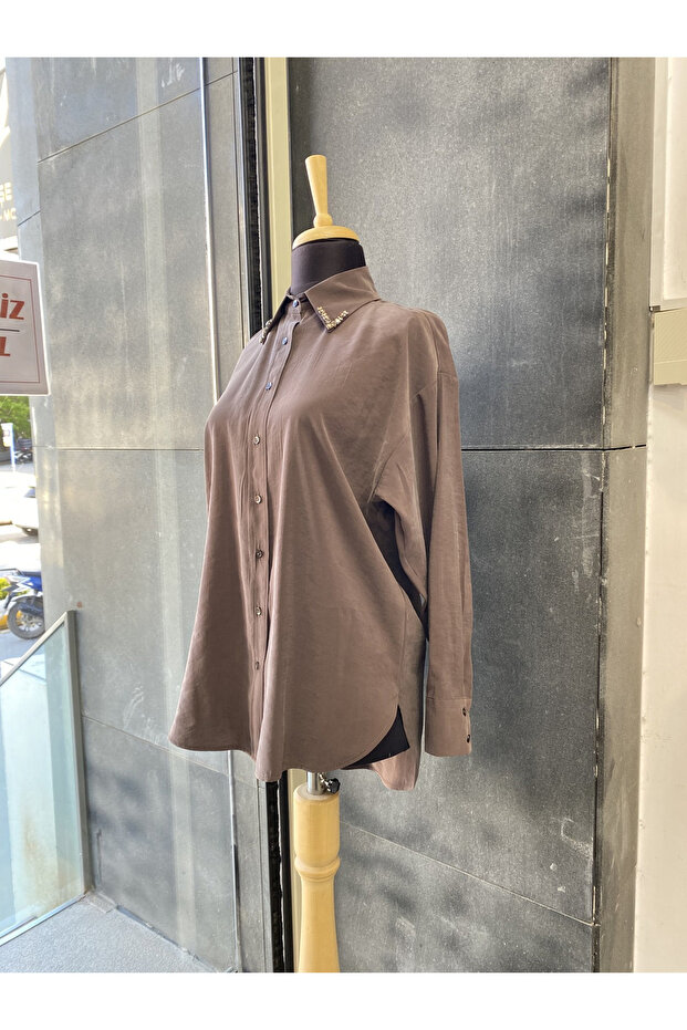 Modal Fabric Oversize Women's Shirt with Stones on the Collar