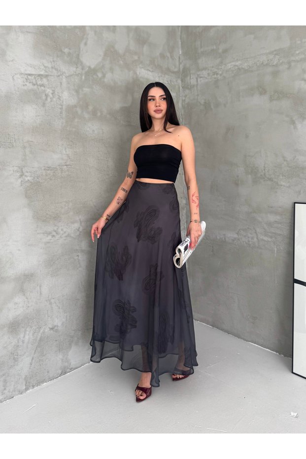 Women's Patterned Inner Lined Chiffon Maxi Hijab Skirt High Waist Long Skirt