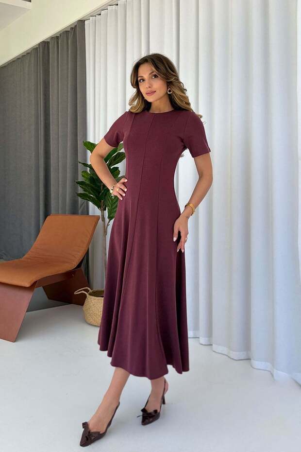 Steel Interlock Fabric Hidden Zipper Dress - Burgundy