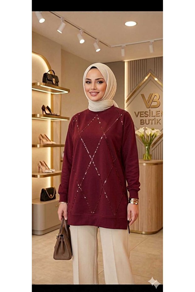 Women's Diamond Pattern Sequin Embroidered Hijab Tunic