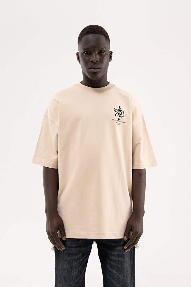 Men's Traditional Fringe Oversize T-Shirt Light Beige