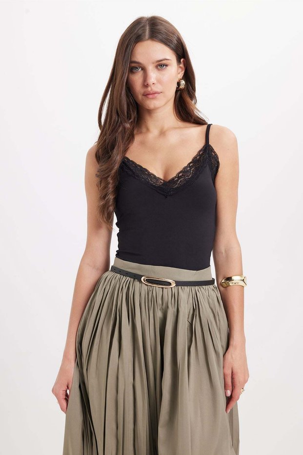 Women's slim fit, skinny cut, thin strap, lace detailed, lycra black crop tank top
