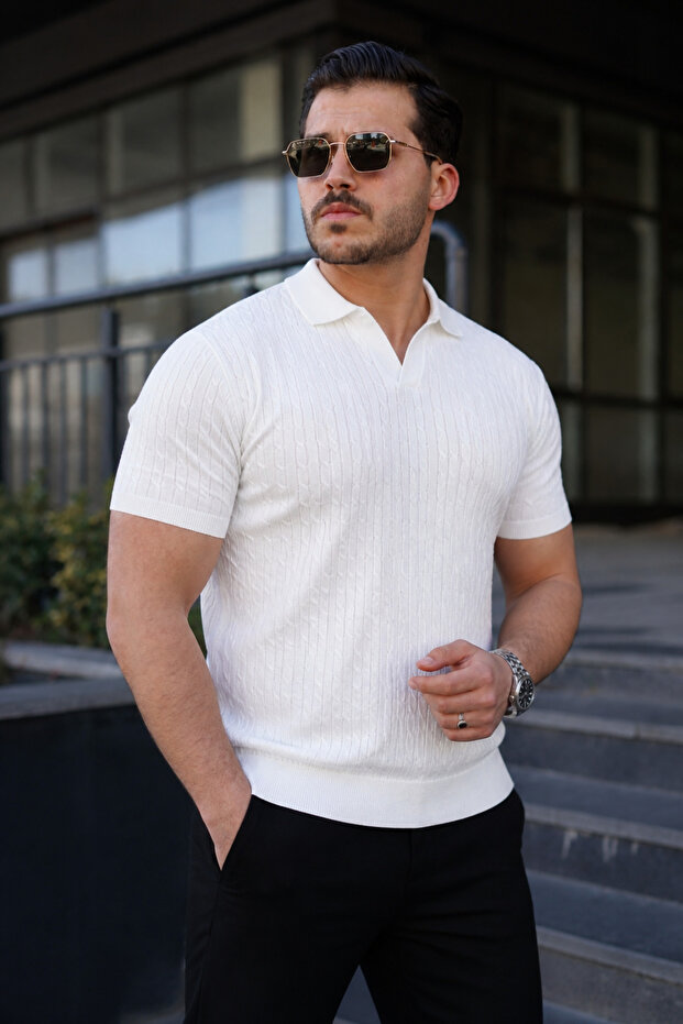 Men's Casual Striped White Knitwear Polo Neck T-Shirt
