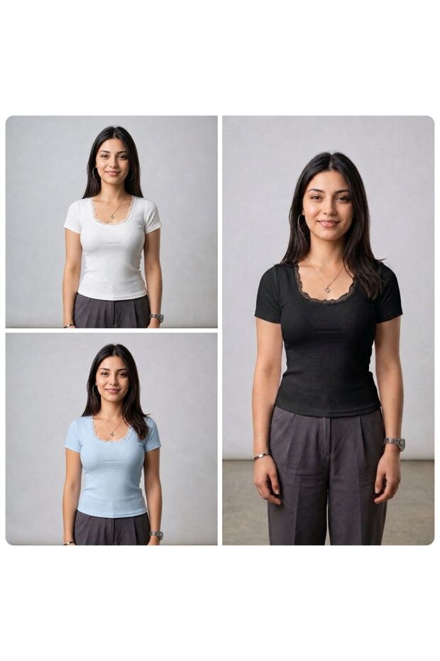 Women's 3-Piece Camisole Ribbed Fabric Body-Fitting Chest Part Lace-Detail Square Neck T-Shirt