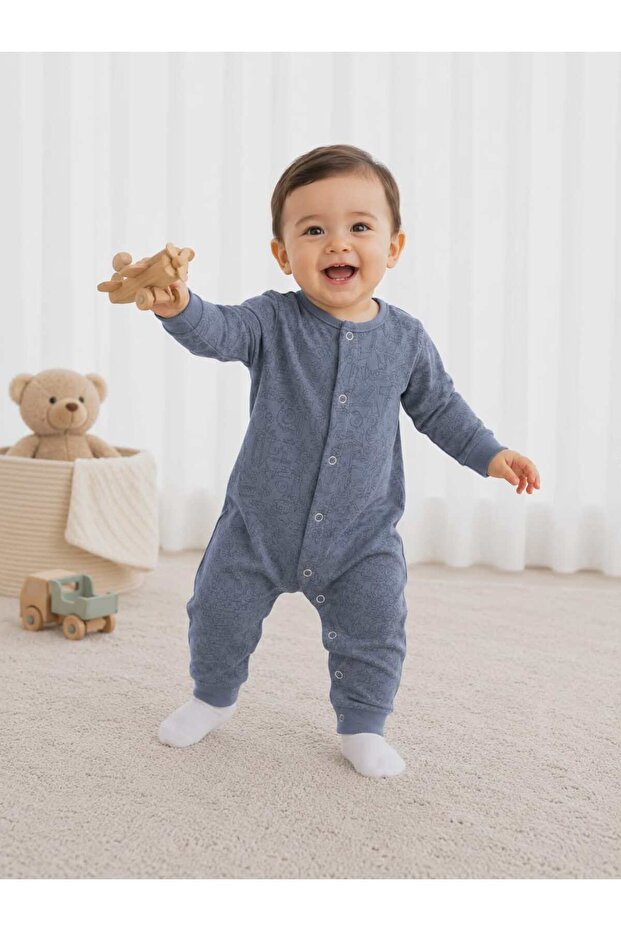 Isyiz Baby Patterned Snap Fastener Long Sleeve Jumpsuit 100% Cotton