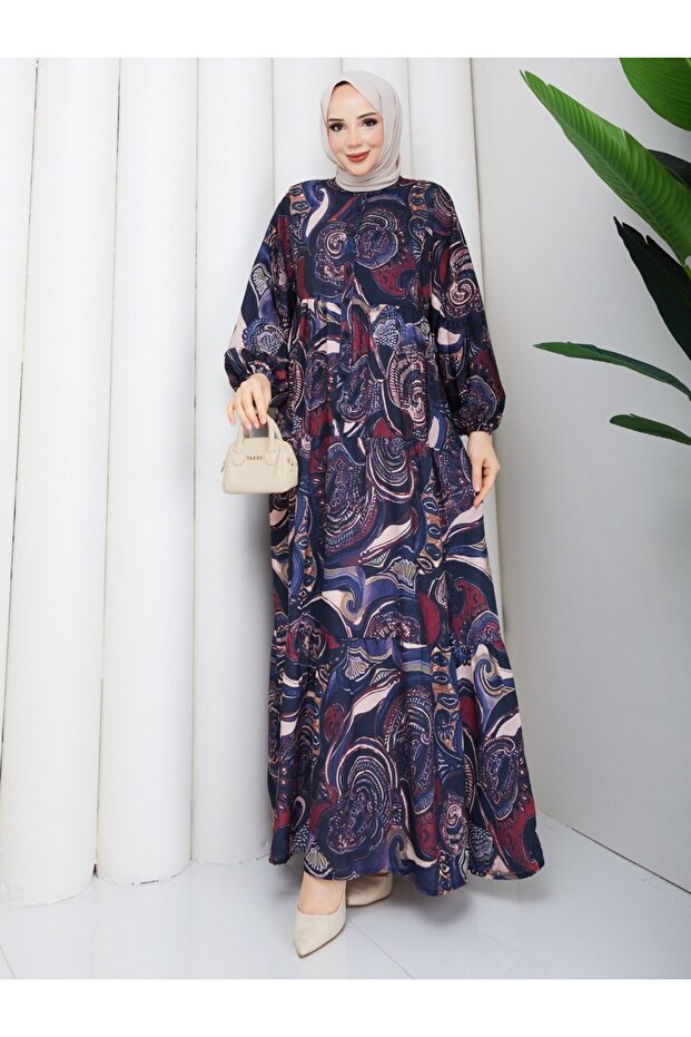 Vine Pattern Button Detailed Mevlana Cut Dress