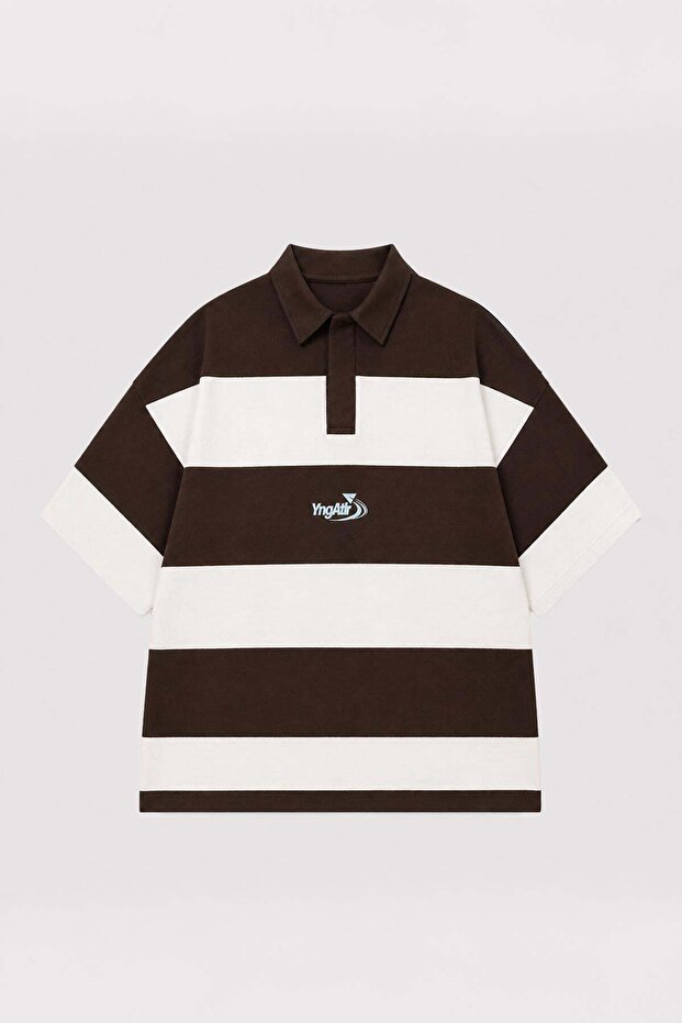 Oversize Rugby Collar Striped T-Shirt Brown