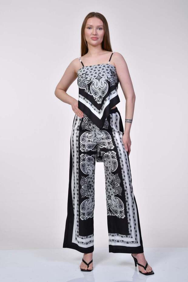Shawl Pattern Satin Set - Black
