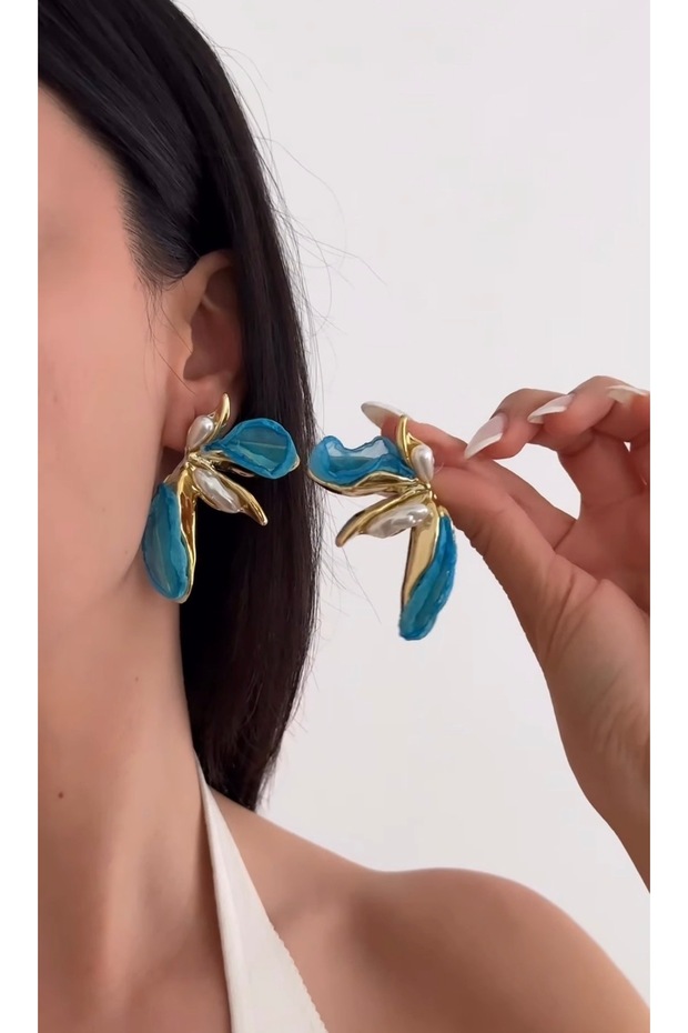 Blue Tulle Detailed Pearl Half Flower Blue Earrings