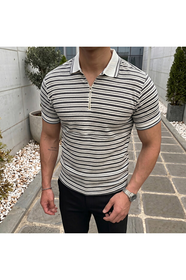 Polo Collar T-Shirt Striped Waffle Fabric Textured Cotton