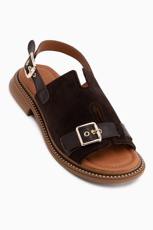 Cilia Genuine Leather Brown Suede Women's Sandals with Buckle Detail