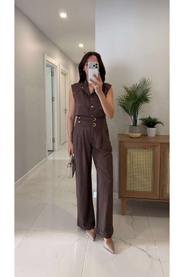 Woley Brown Bird's Eye Detailed Vest and Trousers Set