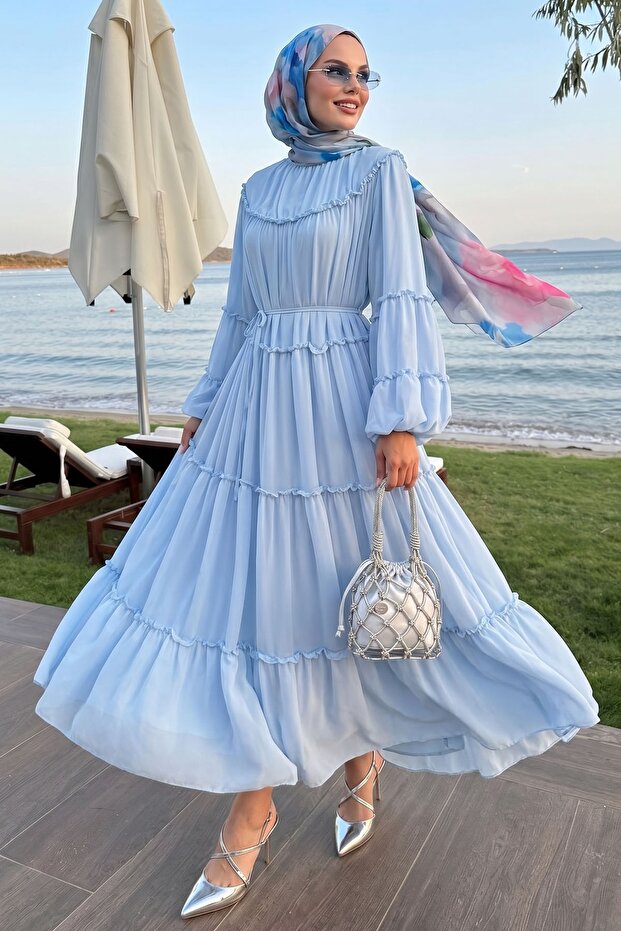 Drawstring Casual Baby Blue Chiffon Dress