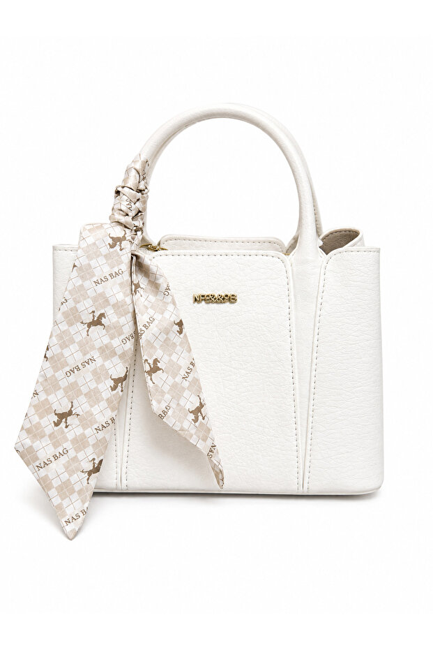 Multi-Compartment Women's Hand and Shoulder Bag with Scarf Detail – White