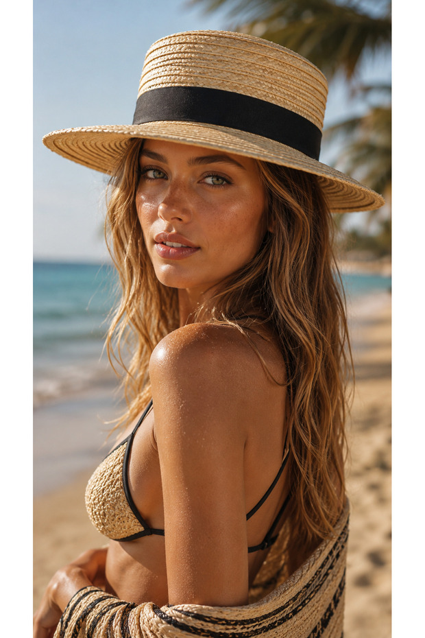 Women's Natural Straw Textured Black Tape Detailed Fedora Beach Hat Summer Hat