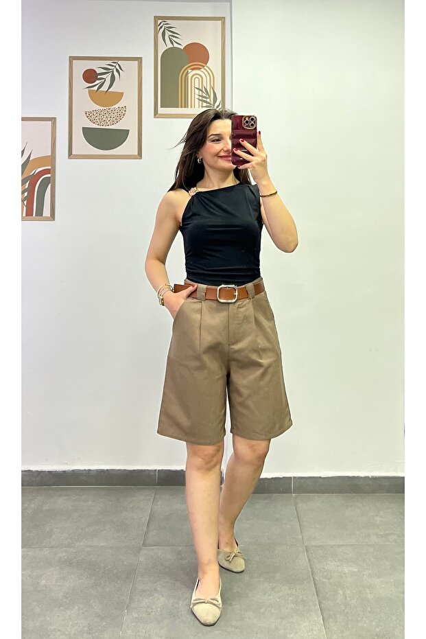 Cotton Fabric Shorts with Pockets and Belt Detail