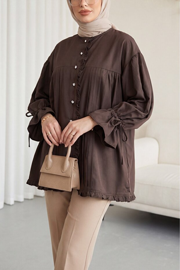 Ruffle Detailed Sleeve Lace-Up Stone Buttoned Cupra Tunic - Dark Brown
