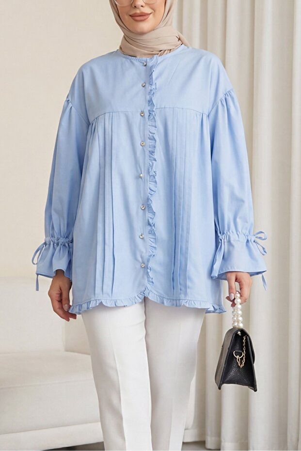 Ruffle Detailed Sleeve Lace-Up Stone Buttoned Cupra Tunic - Baby Blue